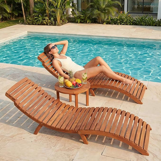 Flamaker Lounge Chairs for Outside Folding Acacia Wood Chaise Lounge with Side Handle Sun Lounger for Poolside, Lawn, Backyard (2 Piece)