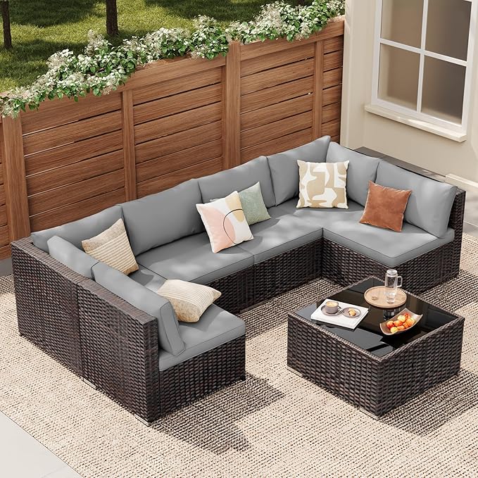 7 Pieces Patio Furniture Set, Outdoor Sectional Rattan Sofa Set, Wicker Patio Conversation Set with Cushions and Glass Coffee Table, for Balcony, Porch, Garden, Grey