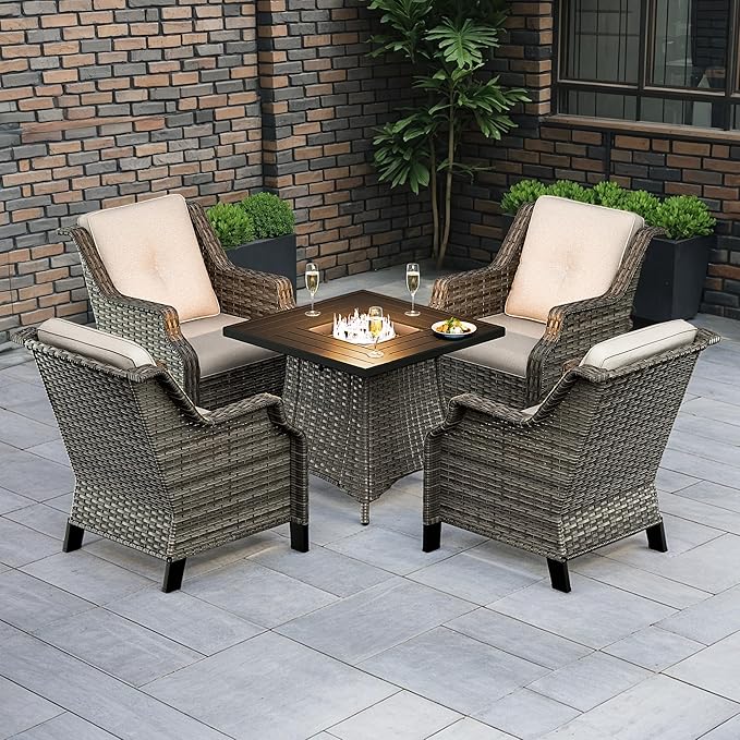 5-Piece Wicker Patio Furniture Set, 4 Armchairs and 1 Fire Pit, Conversation Set with Cushions, Beige