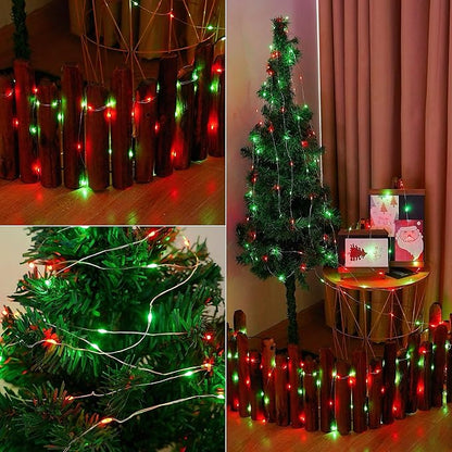 YEGUO 4 Pack Red and Green Solar Fairy Lights, Each 33ft 100 LED Christmas Lights Outdoor Waterproof, 8 Modes Sliver Wire Solar String Lights