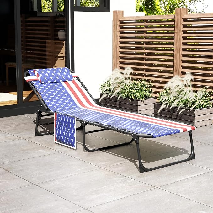 Outdoor Folding Lounge Chair, 4-Level Reclining Backrest Chaise Lounge, Removable Pillow & Side Pocket Design, Portable Tanning Chair for Poolside, Beach, Patio, Backyard, Tricolor Stripe