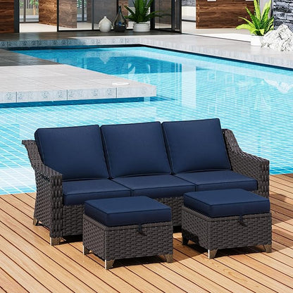 3 Pieces Outdoor Conversation Furniture Set - 77" Patio Sofa, 2 Rattan Wicker Ottomans, Patio Wicker Couch Set with Water-Resistant for Sunroom, Deck, Porch (Navy Blue)