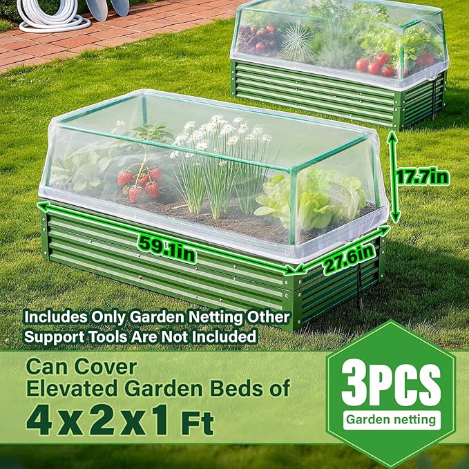 KEOHOL 3-Pack Garden Netting for Raised Beds, 4.9×2.3×1.4 Ft Rectangular Plant Covers with Ultra-fine Mesh, UV Protected HDPE Plant Netting for Vegetables Flowers Fruits