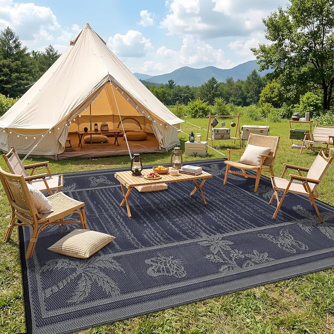 Garvee Outdoor Rug 9x12 Waterproof for Patios, Reversible Plastic Straw Rug, Tropical Leaf Indoor Outdoor Rugs, Large Area Rug for RV, Camping, Deck, Picnic Mat, Outside Carpet