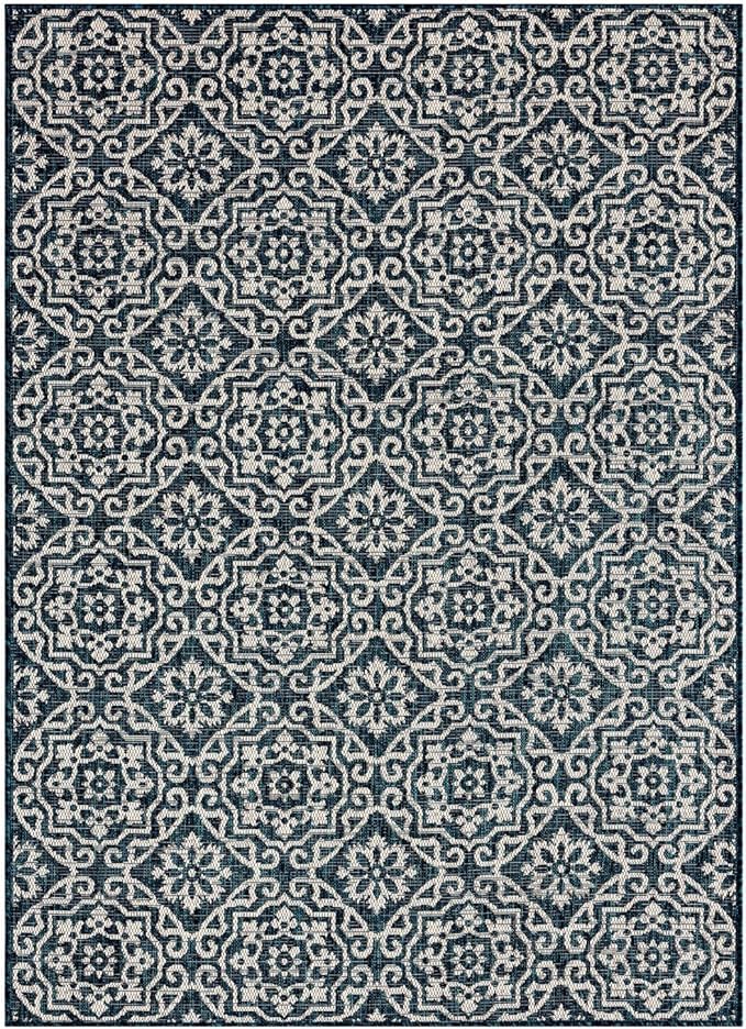 Nicole Miller New York Patio Country Danica Transitional Geometric Indoor/Outdoor Area Rug, Navy Blue/Ivory , 7'9"x10'2"