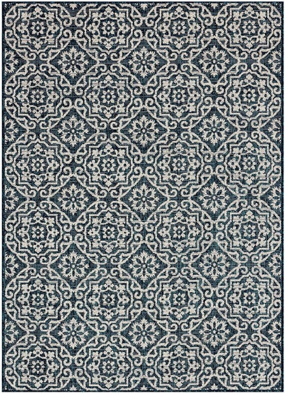 Nicole Miller New York Patio Country Danica Transitional Geometric Indoor/Outdoor Area Rug, Navy Blue/Ivory , 7'9"x10'2"