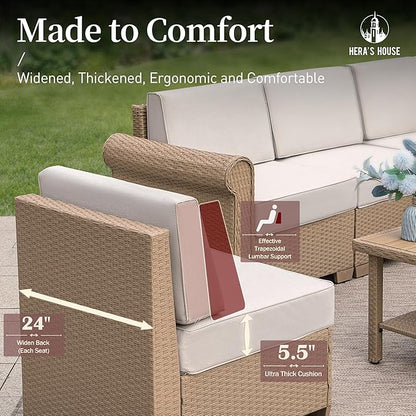 HERA'S HOUSE Patio Furniture Set, All Weather 7 Seats Outdoor Sectional Wicker Sofa with 44" Coffee Table, 5.5" Thick Waterproof Cushion 8 Piece Modular Conversation Sofa Set for Garden Deck Backyard