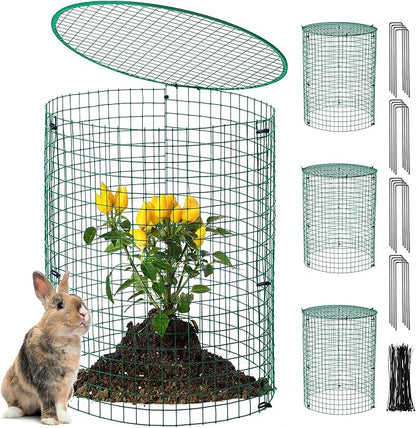 Hiboom 4 Pack Garden Plant Protectors from Animals with Stakes, Metal Mesh and Detachable Covers Wire Plant Cage for Keeping Bunny Animals Out, Chicken Wire Cover Garden Protect (16 * 13 in)