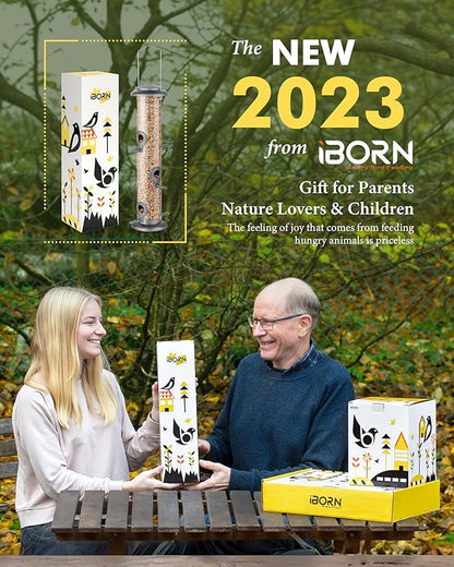 iBorn Metal Bird Feeder Hanging Wild Bird Seed Feeder for Mix Seed Blends Heavy Duty All Metal Silver Finish,15 Inch 6 Port(Seed is not Included),Gift Box