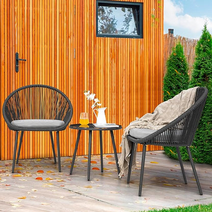 NUU GARDEN 3 Piece Outdoor Bistro Set, Woven Rope Conversation Patio Set, All Weather Patio Furniture Chairs and Table with Cushions for Garden, Deck, Backyard, Balcony, Porch, Dark Gray