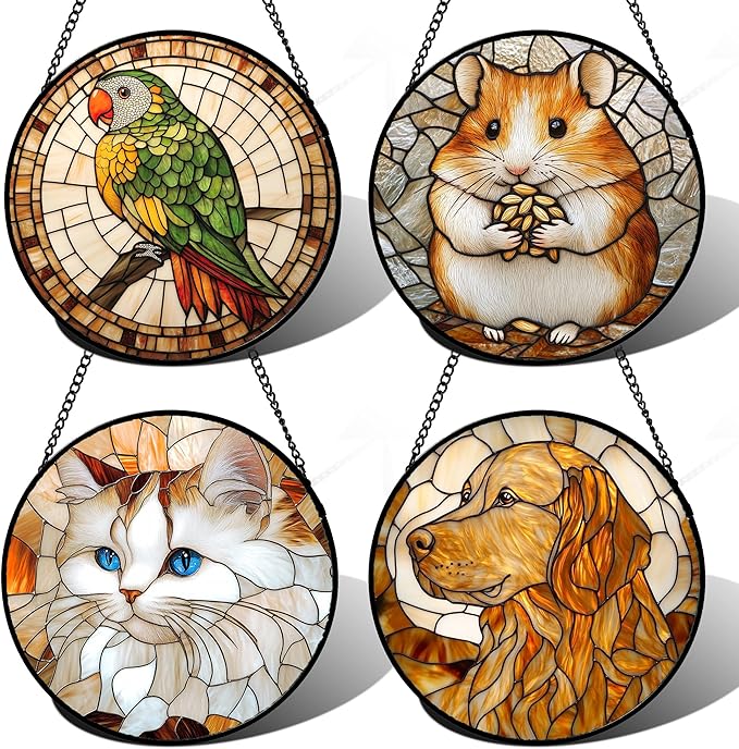 Stained Glass Window Hanging 4 Pcs Set Cute Cat and Dog Large 11.8" - Animal Suncatcher Door Garden Sun Catcher Decor Birthday Mother's Day for Mom Woman Nana Girl Boy Friend