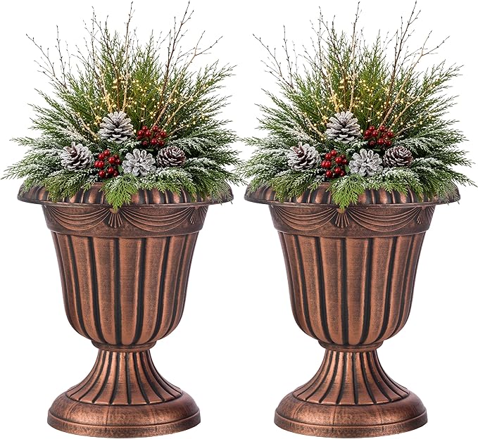 Outdoor Planter 2-Pack - 16x18-Inch Urn Planters for Front Porch Decor, Indoors, Patio or Entryway - Plastic Plant Pots - Large Decorative Flower Pots by Pure Garden (Rustic Bronze)