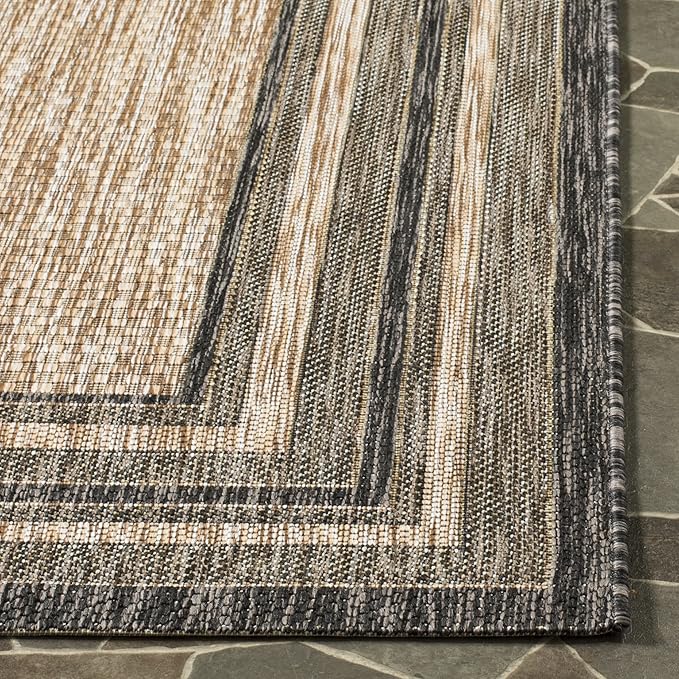SAFAVIEH Washable Rug Outdoor Courtyard Collection - 5'3" Square, Natural & Black, Non-Shedding & Easy Cleaning, Ideal for Patio, Backyard, Mudroom (CY8475-37312)