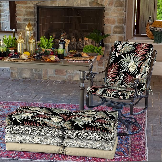 Arden 2-Pack Outdoor Patio Dining Chair Cushion, 20x44, Rain-Proof Seat Pad, Fade-Resistant Outdoor Cushion Simone Black Tropical