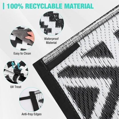 HAUSHOF 5'X8' Outdoor Rug Waterproof, Black&White | Camping, Beach, Deck, Porch, Balcony