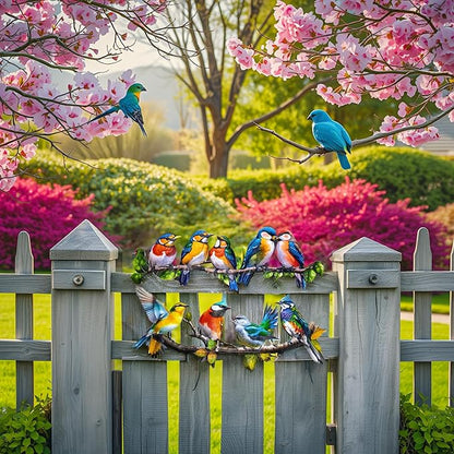Meduofon Metal Birds Outdoor Wall Art Decor, Vivid Bird on Branch Hanging Leaves Metal Hummingbird Decor Suitable for Porch Fence Garden Outdoor Indoor Wall Decorations (2 Pack Birds Colorful)