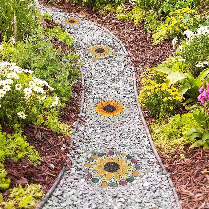 PINPON 3 Pack Gerbera Stepping Stones – 10 Inch Cement Garden Pavers with Colorful Pebble Border, Hand-Painted Outdoor Walkway Stones, Weather-Resistant Decorative Path Stones for Patio & Yard