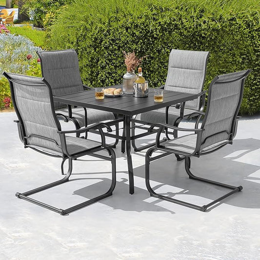 NUU GARDEN 5 Piece Outdoor Dining Set, All Weather Outdoor Padded Textilene Patio Chairs and Square Dining Table with Umbrella Hole for Backyard, Patio, Garden, Deck, Light Grey and Black