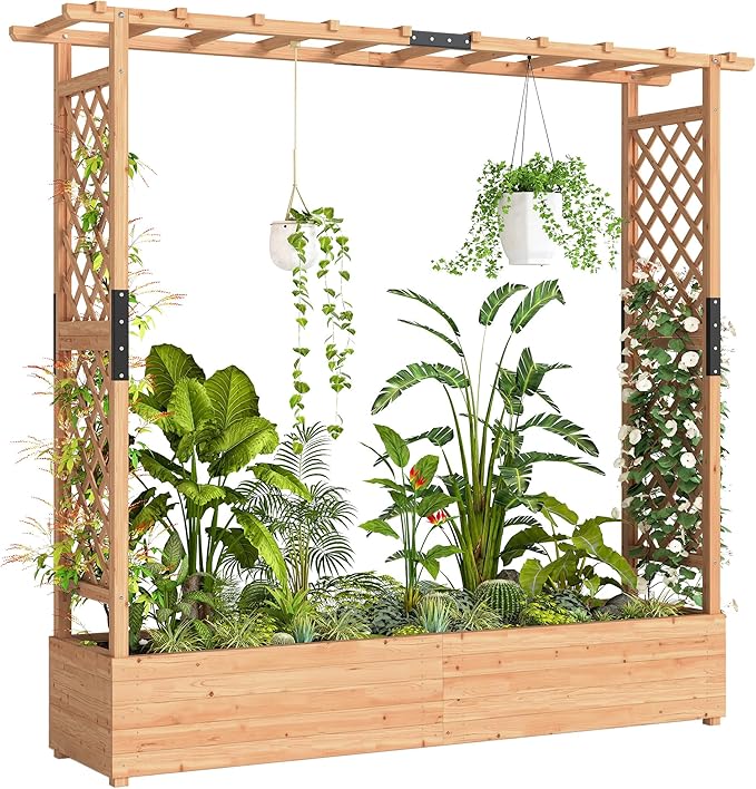 Outsunny Raised Garden Bed with Trellis, Wooden Planter Box with Hanging Roof and Drainage Holes, Outdoor Trellis Planter for Climbing Plants, Vegetables, Herbs and Flowers, 77.2" x 17.3" x 71.3"