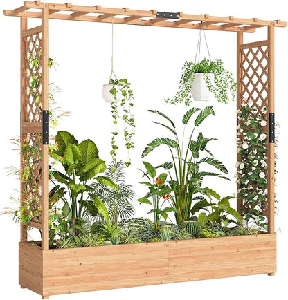 Outsunny Raised Garden Bed with Trellis, Wooden Planter Box with Hanging Roof and Drainage Holes, Outdoor Trellis Planter for Climbing Plants, Vegetables, Herbs and Flowers, 77.2" x 17.3" x 71.3"