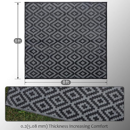 SAND MINE Waterproof Outdoor Rug, Plastic Reversible Rug, Modern Area Rug, Large Floor Mat for Outdoors, RV, Patio, Backyard, Deck, Picnic, Beach, Camping (8' x 8', Black Grey Lattice)