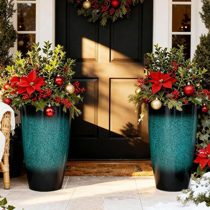 24" Tall Outdoor Planters Set of 2, Large Planters for Outdoor Plants, Art Faux Ceramic Plastic Flower Pots, Weather-Resistant for Porch, Garden, Patio or Indoor Decor, Ideal
