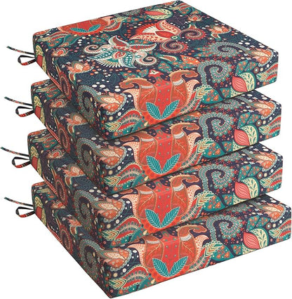 UNIKOME Outdoor Chair Cushions Pack of 4, Water Resistant Patio Cushions with Ties, High Density Sponge Filling Square Corner Seat Cushions for Outdoor Furniture, 24"*24"*4", Boho