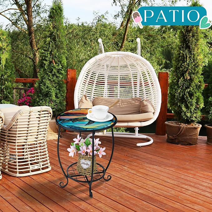 Cinnvoice Outdoor Side Table Round Small Mosaic Patio Accent Indoor End Plant Coffee Tea Table for Yard Patio Porch Garden Living Room, Bedroom(Turtle Style,16 Inch)