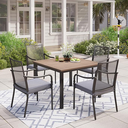 5 Piece Patio Metal Dining Set, Outdoor Table and Chairs for 4, Powder-Coating Steel Chairs with 4" Thickened Cushions, 42" Square Wood Grain Table with 1.57" Umbrella Hole for Deck Backyard