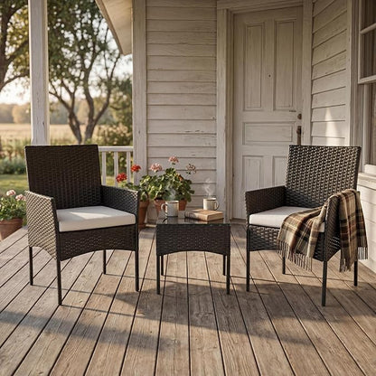 Sweetcrispy 3 Piece Patio Furniture Set, All-Weather Outdoor Conversation with Removable Cushions & Tempered Glass Table, Small Wicker Bistro Set for Balcony, Porch, Backyard, Deck, Black
