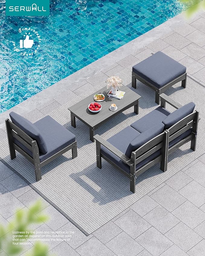 SERWALL 5-Piece Patio Sofas with 15FT Double Side Patio Umbrella, All-Weather HDPE Outdoor Sectional Sofa, Large Modular Patio Conversation Set for Garden, Deck, Porch, Grey Frame with Grey Cushion