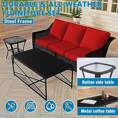 Vista Vibe 5 Pieces Outdoor Rattan Patio Conversation Furniture Set - 78" 3-Seat Sofa | 2 Swivel Glider Rocker Chairs | Wicker End Table | Metal Table, Upholstered Loveseat, Deck (Brown/Red)