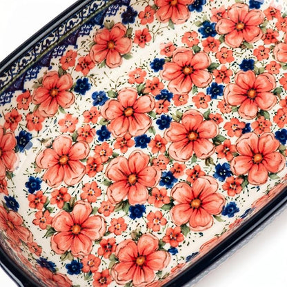 Ceramic Baking Dish with Handles, Hand-painted Polish Pottery Baking Dish Set of 2,Baking Pan Lasagna Pan, Rectangular, Floral Pattern, Oven Safe, 13.22x7.5x2.8 Inch (red)
