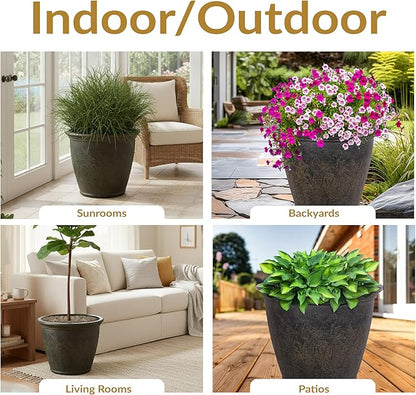 Sunnydaze 24-Inch Anjelica Large Plastic Pot for Plants - Double-Walled Outdoor Polyresin Round Planter Porch Pot with Drillable Drainage Holes - Sable - 4pk