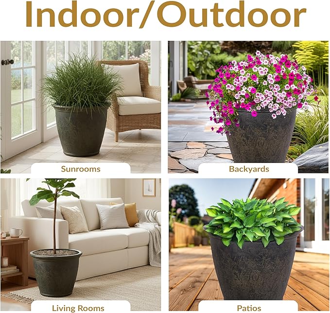 Sunnydaze 24-Inch Anjelica Large Plastic Pot for Plants - Double-Walled Outdoor Polyresin Round Planter Porch Pot with Drillable Drainage Holes - Sable - 2pk