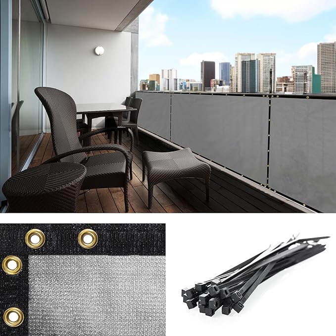 Amgo Custom Made 3' x 110' Grey Balcony Privacy Screen, Apartment Porch Railing Patio Fence Windscreen Fabric Cloth, Heavy Duty, Commercial and Residential, 90% Blockage (We Customize)