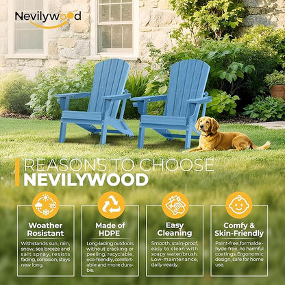 nevilywood Folding Adirondack Chair with Cup Holder,All-Weather Adirondack Chair,Patio Chair,HDPE-Wooden Textured Lawn Chair- Light Blue