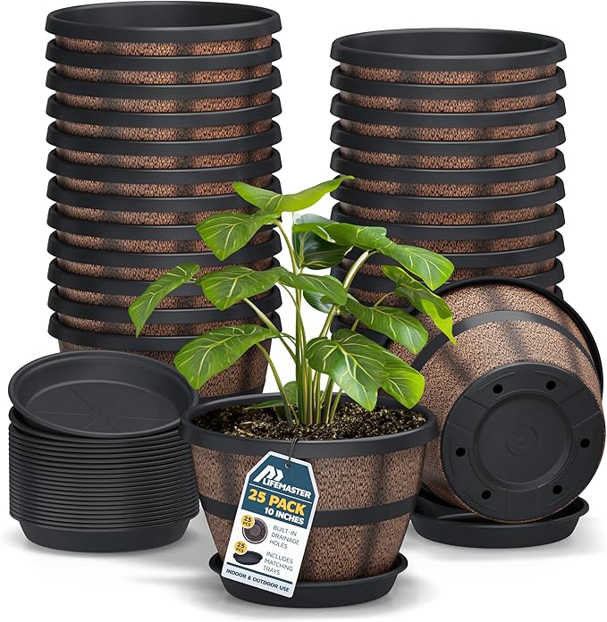 10-Inch Whiskey Barrel Planters Outdoor Pack of 25 - Durable Plastic Plant Pots for Indoor & Outdoor Use with Drainage & Saucer, Lightweight Rustic Barrel Planters for Flowers, Herbs & Small Plants
