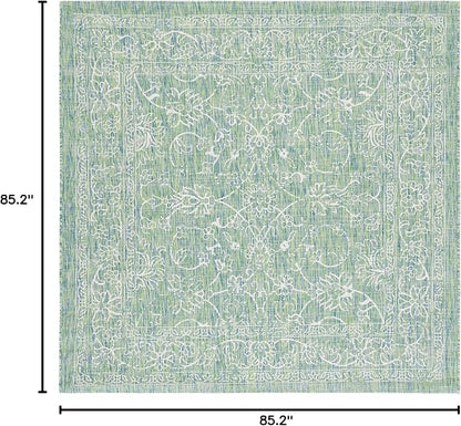 SAFAVIEH Washable Rug Outdoor Courtyard Collection - 7'10" Square, Green & Ivory, Non-Shedding & Easy Cleaning, Ideal for Patio, Backyard, Mudroom (CY8680-55721)