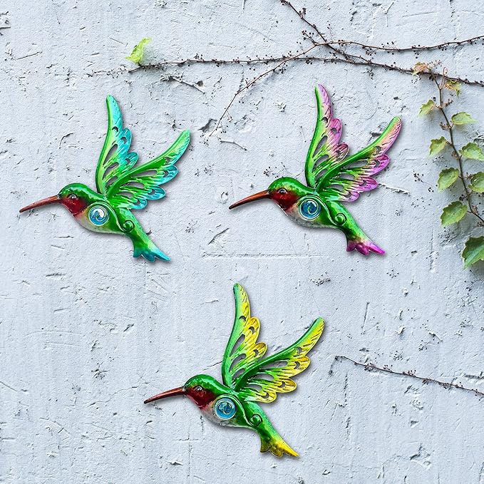 Metal Hummingbird Wall Decor, Wall Art Hanging Sculpture for Patio Fence, Set of 3, 9 Inch, Indoor Outdoor Gift for Family