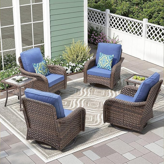 Patio Wicker Chairs Swivel Rocker-Outdoor Swivel Rocker Chair Set of 4 with Wicker Glider Rocker Set, PE Rattan Rocking Chair with 2 Side Table for Balcony Deck Porch Brown/Blue