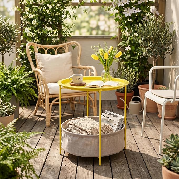 VECELO Round Side/End Table with Fabric Storage Basket，Metal Anti-Rust and Waterproof Small Bedside Nightstand with Removable Tray Top for Living Room，Balcony & Laundry，Yellow /1pcs with Basket