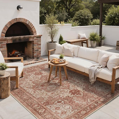 GENIMO Outdoor & Indoor Area Rug 6'x9', Waterproof, Non-Shedding, Easy Cleaning, Boho Mat for Patio, Living Room, Balcony, Dining Room, RV, Deck, Bedroom, Camping, Outside Carpet,Brown Red