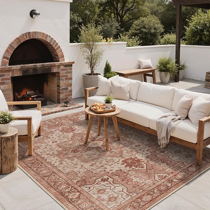 GENIMO Outdoor & Indoor Area Rug 4'x6', Waterproof, Non-Shedding, Easy Cleaning, Boho Mat for Patio, Living Room, Balcony, Dining Room, RV, Deck, Bedroom, Camping, Outside Carpet,Brown Red