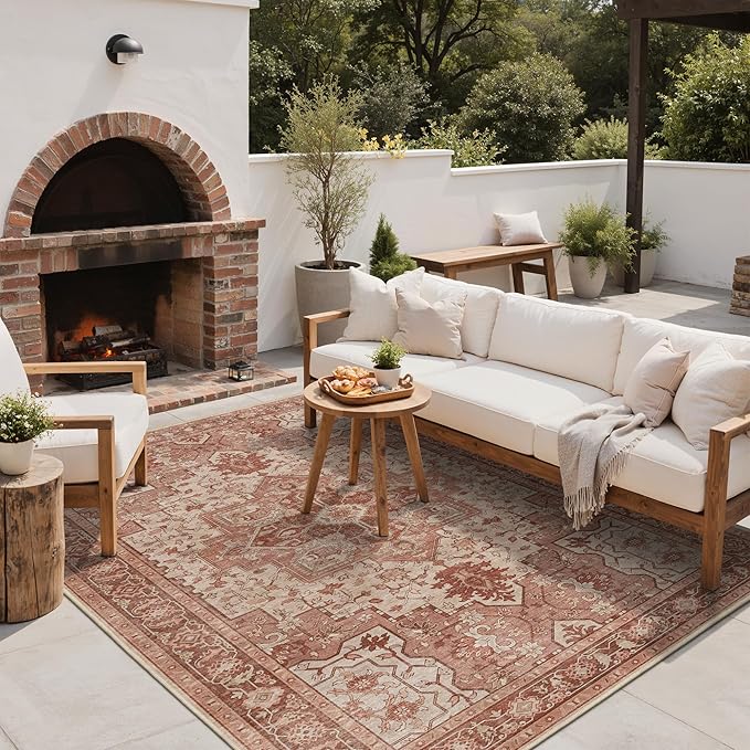 GENIMO Outdoor & Indoor Area Rug 5'x8', Waterproof, Non-Shedding, Easy Cleaning, Boho Mat for Patio, Living Room, Balcony, Dining Room, RV, Deck, Bedroom, Camping, Outside Carpet,Brown Red
