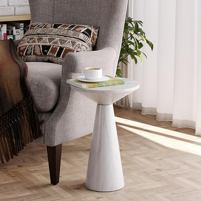 COZAYH Modern Pedestal End Table Round Wood Martini Table, Plant Stand Drink Table for Small Spaces, White Marble Colour