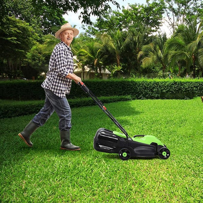 Happygrill Lawn Mower 13-Inch Electric Lawn Mower, Handle Push Corded Lawn Mowers with Grass Bag, Folding Handle, Adjustable Cutting Height for Garden Yard, 12 Amp,Green