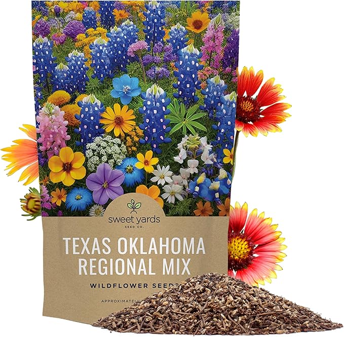 Texas Oklahoma Wildflower Seeds Mixture - Bulk 1/4 Pound Bag - Over 60,000 Native Seeds - Open Pollinated and Non GMO