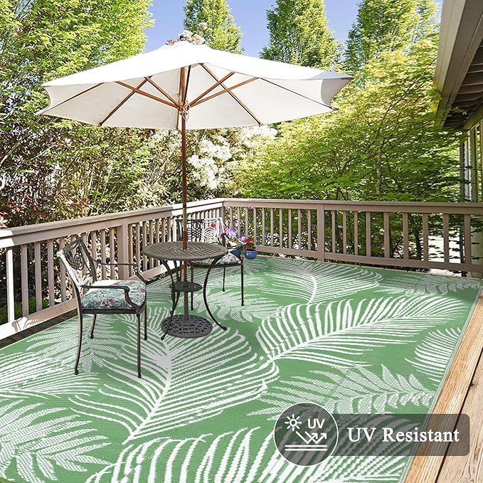 Pauwer Waterproof Outdoor Rug 9x12, Reversible Plastic Straw Patio Camping Rug, Indoor Outdoor RV Mat Carpet for Deck, Camper, Porch, Balcony, Backyard, Picnic, Leaf Green