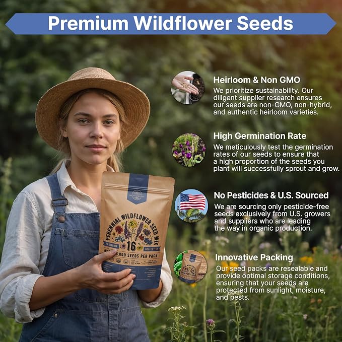 Organo Republic 16 Perennial Wildflower Seeds Mix for Indoor & Outdoors 25,000+ Non-GMO, Heirloom Wildflower Garden Seeds, 1oz Packet for Growing Wild Flowers to Attract Bees, Butterflies & Birds